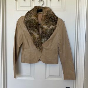 Tan 100% Leather cropped blazer removable fur collar
